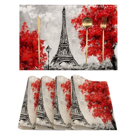 Eiffel Tower Maple Leaf Placemats Set of 4, Linen Place Mats Heat Resistant Non-Slip Washable Table Mats for Dining Kitchen Party Decor 12"x18"