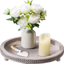 Handmade Wooden Decorative Tray, Small Beaded Coffee Table Tray Decor, Grey Round Decorative Tray for Coffee Table, Dining Room Table Entryway and Living Room Table