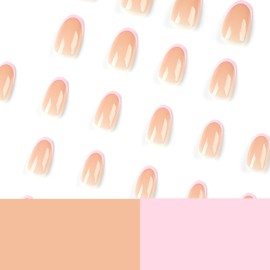 Press on Nails Short Round SWEKKE French Tip Fake Nails Pink Nail Tip Full Cover Glue on Nails Glossy False Nails with Nail Glue Artificial Acrylic Nails for Women Girls 24 Pcs
