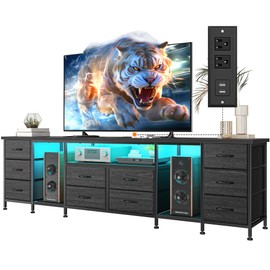 EnHomee 75, 80, 85 Inch TV Stand with 10 Fabric Drawers, 75.5" W Entertainment Center with LED Lights & Power Outlets, TV Stands for Living Room, Bedroom, Black