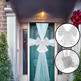 UNIQUE HOME LIVING White Door Bow Decoration, Party Wedding Christmas Door Bow Kit, Polyester Decorative Ribbon Wrap Front Door Bow - 45 x 246cm