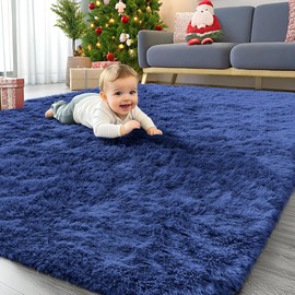 OLANLY Area Rugs for Living Room Bedroom, Machine Washable 4x5.9 Feet Soft Fluffy Shaggy Bedside Rug, Indoor Floor Carpet for Kids Girls Boys, Dorms, Nursery Rooms, Home Decor Aesthetic, Navy Blue