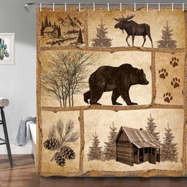 Rustic Cabin Shower Curtain Set, Farmhouse Country Antique Bear Moose Forest Vintage Wood Decor Bath Curtain，Hunting Camping Waterproof Fabric Bathroom Accessories Set, 60x70 inch with Hooks