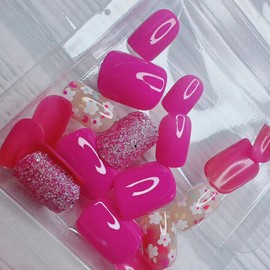 Glitter Flowers Press on Nails Square Short Fake Nails Glossy Purple False Nails with Floral Nails Full Cover Stick on Nails Acrylic Artificial Nails Extra Short Glue on Nails Acrylic for Women Nails