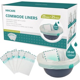 ININCARE Commode Liners with Absorbent Pads，Value Pack 25 Count Universal Fit，Disposable Bedside Commode Liners and Pads for Adult Portable Toilet(25Bags + 25Pads)