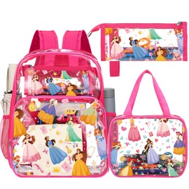 Kacctyen 3 Pcs Clear Backpack Heavy Duty Clear Bookbag Transparent Backpack with Lunch Bag(Pink,Princess)