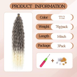 TAOYEMY Deep Wave Crochet Curly Braiding Hair 16 Inch 3 Packs Ocean Wave Crochet Hair Extensions Synthetic Curly Crochet Hair For Women (T12#, 16 inch-3 PC)