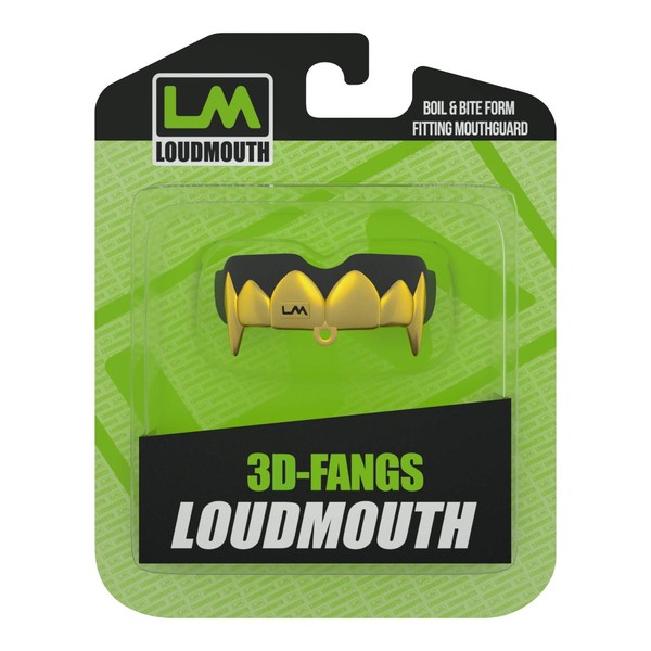 Loudmouth Sport Mouth Guard | 3D Vampire Fangs Adult & Youth Mouth Guard Sports | Boil & Bite Mouthguard for Football, Basketball, Hockey, MMA, Boxing, Lacrosse, More (3D Vampire Fangs - Black/Gold)