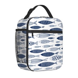 VANZEV Blue Lunch Box for Adults Kids Women Men Nautical Fish Print Lunch Bag Cooler Tote Reusable Insulated Lunch Bag Container Gifts for Office Picnic Travel Work School
