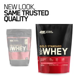 Optimum Nutrition Gold Standard 100% Whey Muscle Building and Recovery Protein Powder With Naturally Occurring Glutamine and BCAA Amino Acids, Delicious Strawberry Flavour, 15 Servings, 450 g