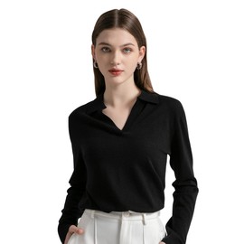 GreenMount Women's Super Lightweight Worsted Deep V-Polo Casual Loose Cashmere Sweater Pullover Lapel Long Sleeve for Spring and Summer Keep 37.5 Warm