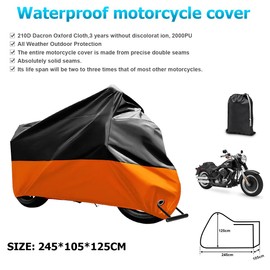 JNNJ Waterproof Motorcycle Cover, Universal Waterproof Motorcycle Tarpaulin, Motorcycle Scooter Anti-UV Dust Protection for Outdoor, for Scooter Motorcycle (Black/Orange)