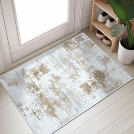 OLANLY Modern Abstract Area Rugs, 2x3 Washable Entryway Rug, Non Slip Low Pile Door Mat Small Carpet for Entrance Kitchen Bedroom Bathroom, Gold
