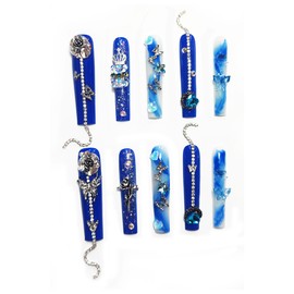 Nailyjoy Handmade Reusable Press on Nails Butterfly Sea, Attractive Shiny Beautiful Visional Blue Microglitter Extra Long Square Fake Nails with Crown Teddy Chain in 10pcs Customized Size (Large)