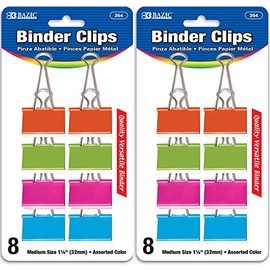 BAZIC Binder Clips Medium 1 1/4" (32mm) Assorted Color, Paper Clamps Paper Clip, Paperclips for Office School Supplies Home Kitchen (8/Pack), 2-Packs