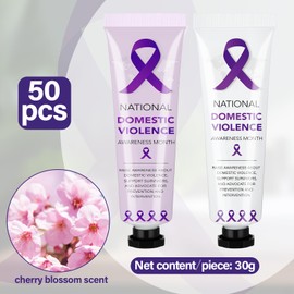 Loopeer 50 Pcs Domestic Violence Awareness Hand Cream Gift Set Bulk Purple Ribbon Travel Size Moisturizing Hand Lotion for Women Men 16 Days of Against Violence Public Event Supplies