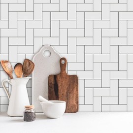 Floor Wall Tile Transfers Sticker for Home Decor, Peel & Stick Vinly Splashback, Tile Decals for Living Room Kitchen Bathroom Decor, 6x6Inch/15x15cm, 10 Pcs, Black Line Tile Sticker, Herringbon