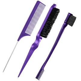 3 Pieces Comb Set for Teasing, Edge & Slick Back Brushing - Rat Tail & Edge Combs for Styling Women's Hair (Purple)