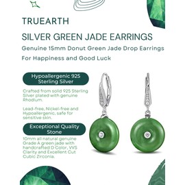 TRUEARTH 3.5 Ct Green Jade Earrings for Women, 925 Sterling Silver Genuine Jade Dangle Drop Earrings, 10mm Natural Beaded or 15mm Donut Jade with D Color VVS Clarity Cubic Zirconia, Brass, Jade
