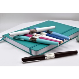 Xezo Speed Master Fine Rollerball Pen. Matte Aqua Green with Tahitian Black Mother of Pearl. Chrome Plated. Lightweight Brass Body. No Two Alike