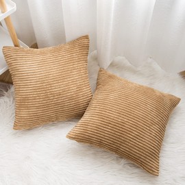Yonous Corduroy Cushion Covers, Soft Square Decorative Throw Pillow Home Decor for Living Room Couch Bed Sofa, Set of 2 Pack, Light Brown, 45x45 CM / 18x18 Inch