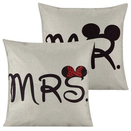 2 Pcs Mr and Mrs Funny Mouse Cushion Cover Durable Cotton Linen Throw Pillow Case Wedding Valentine Gift MR and MRS Present 18"X18" 45x45cm