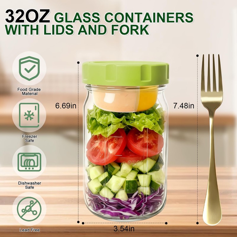 4 Pack Glass Salad Jars with Lids,32oz Mason Jars for