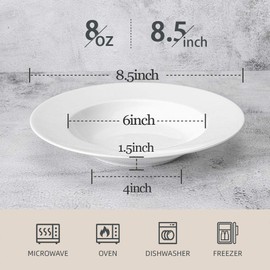 Artena 8 Ounces Pasta Bowls Set of 4, 8.5 inch Soup Bowls, Advanced Porcelain Salad Bowl, Wide Rim Pasta Plates, Shallow Bowls for Kitchen, Rimmed White Plates and Bowls Set, Microwave Oven Safe