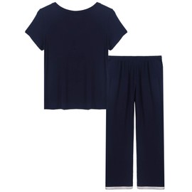 Amorbella 95% Bamboo Viscose Pyjamas Set Ladies Summer Short Sleeve Moisture Wicking Cooling Jersey Knit V-neck Long Pants Soft PJS/Lounge/Sleep Sets (Navy, XL)