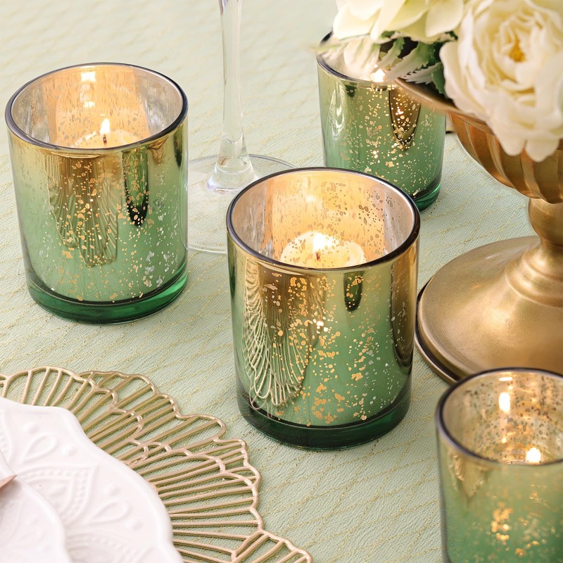 Volens 12pcs Assorted Green Votive Candle Holders, Large Speckles Mercury