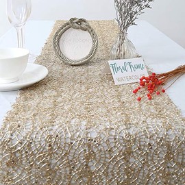 QueenDream Camino de Mesa de Malla con Lentejuelas, Color Dorado champaña, 12 x 80 Pulgadas, Rollo de Camino de Mesa con Purpurina para Boda, cumpleaños, Fiesta de Novia, decoración de Navidad