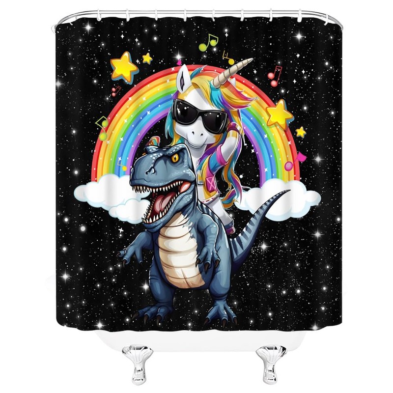 Funny Unicorn Riding Dinosaur Shower Curtain Cute Magic Fantasy Cartoon