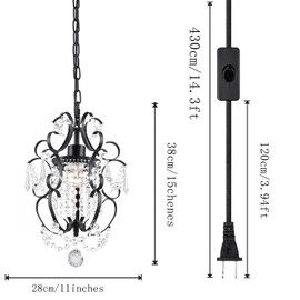 RAYMALUX Plug in Chandelier Hanging Lignt with Plug in Cord ON/Off Switch,Mini Black Chandelier Ceiling Light Fixture for Bedroom,Living Room,Dining Room