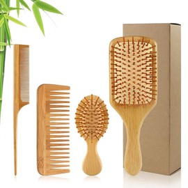 Bamboo Hair Brushes and Comb Set,4 Pcs Natural Bamboo Anti Static Hair Massage Brush Great On All Hair, Eco-Friendly and Handmade for Women Men
