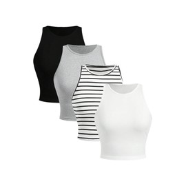 SOLY HUX Women's Basic Tank Tops Set Sleeveless Crew Neck Tight Fitted Crop Vest Shirts 4 Piece Black Grey Multi Small
