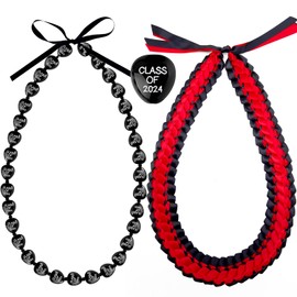 2 Pieces Class 0f 2025 Kukui Nuts Lei Necklace Graduation Ribbon Double Braided Necklace Ribbon Bow Closure Class of 2025 Grad Gifts for High School College Graduation Party Accessories (Red)