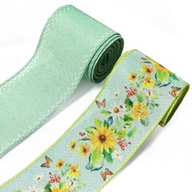 HIENAJ 2 Rolls Floral Butterfly Wired Edge Ribbons 2.5inch 10 Yards, Green Flower Gift Wrapping Ribbon for Holiday Party Wrapping DIY Craft Party Decoration Wreaths Bow