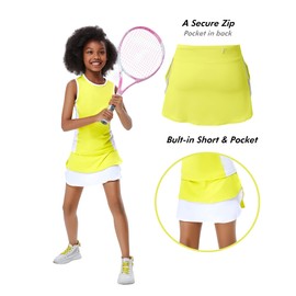 LIONJIE Girls Sleeveless Outfit Sports Dress Tennis Golf Skirts with Shorts Pockets School Athletic Sets Yellow