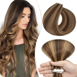 Elailite Tape in Hair Extensions Human Hair Real Human Hair 10 Pcs Invisible Thin Type - Seamless Skin Weft Remy Hair Extension (#4/27 Medium Brown Mix Dark Blonde, 14 Inch-10g)