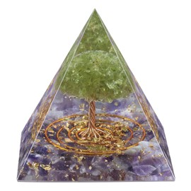 Cheungshing Peridot Crystal Stones Tree of Life Orgone Pyramid Positive Energy Protection Generator for Healing Chakra Resin Vastu Home Decor, Amethyst