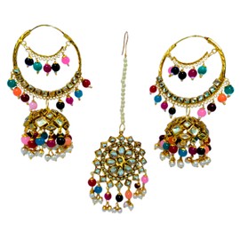 Beautiful Gold Plated Traditional Jewellery Kundan Pearl and Beads Bali Jhumka Earrings / Hoop Jhumkas with ,Maang Tikka for Women (Multicolor) /with Rajasthan Royal Velvet Polti