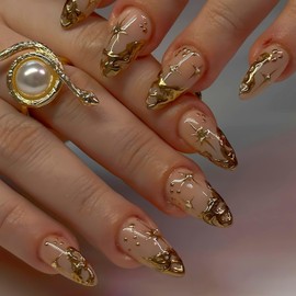 KQueenest Pack of 30 Nude Nails for Sticking, Short Medium Almond, Press On Nails with 3D Gold Swirl Star Design, Fake Nails, Artificial Fingernails, Glitter Pendant, Acrylic Nails for Women