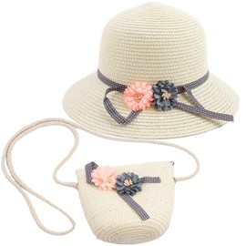 Integrity.1 Girls' Summer Sun Hat, Small Shoulder Bag for Girls, Girls Straw Hat Suit, Summer Flowers Sun Hat, Flower Visor Sun Hat, Children's Straw Hat and Small Bag (Milky White), White