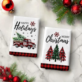 SUZEJHE Merry Christmas Hand Towels for Bathroom Set of 2, Xmas Truck Happy Holidays Bath Hand Towels for Kitchen Home Hotel Gym Spa Yoga Farmhouse Winter Decorative 18x26 Inch