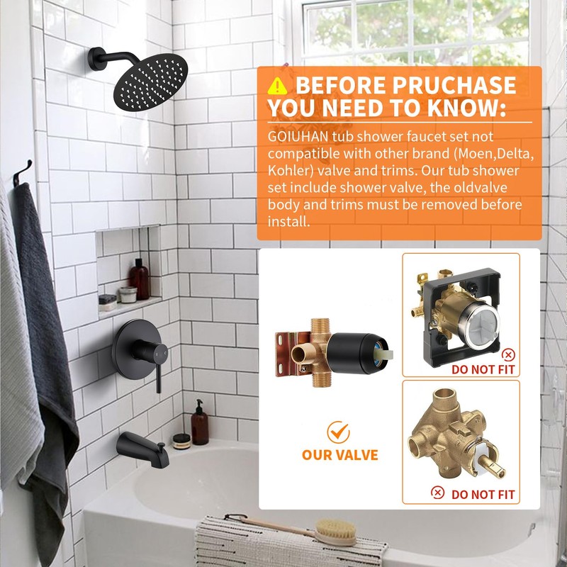 Black Tub Shower Faucet Set Complete with 6-Inch Rainfall Shower