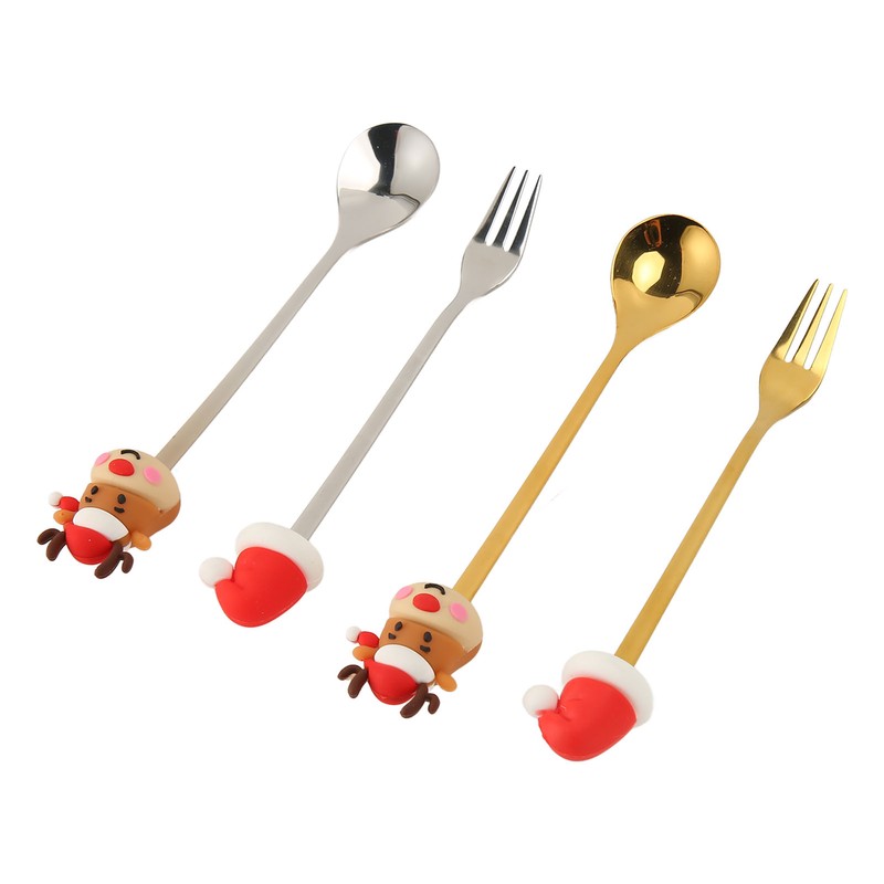 4Pcs Christmas Spoons and Forks Set Stainless Steel Cartoon Funny
