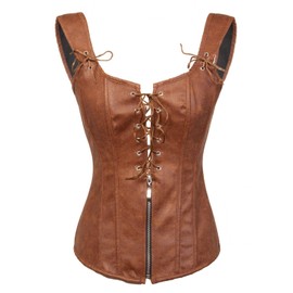 Bslingerie® Womens Black Faux Leather Straps Boned Corset with Zipper (UK 12-14 (L), Brown)