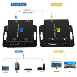 QIUB XCL Black 60m HDMI Extender, CAT 678 UTP, EDID Input PortDC 5V Power, 1080P, Rj45, Compatible with Blue-ray, Fire Stick, 200 Feet