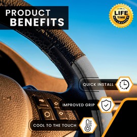Gorla Gear Gray Leather Neoprene Steering Wheel Cover Women Men, Easy Fast Installation, Grey Universal Fit 14.5 15 15.5 Inch, Anti-Slip Safer Grip Car Accessories for Automobile Truck SUV Van