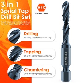 THINKWORK Combination Drill Tap & Tap Bit Set, 6 Pack 3-in-1 Anti-Rust Black Titanium Coated Screw Tapping Bit Tool in Metric Size M3 M4 M5 M6 M8 M10, 1/4” Hex Shank and Storage Case